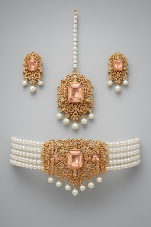 1 Carat Gold Plated Artificial Stones Necklace Set - Luxury Bridal Wear Main View