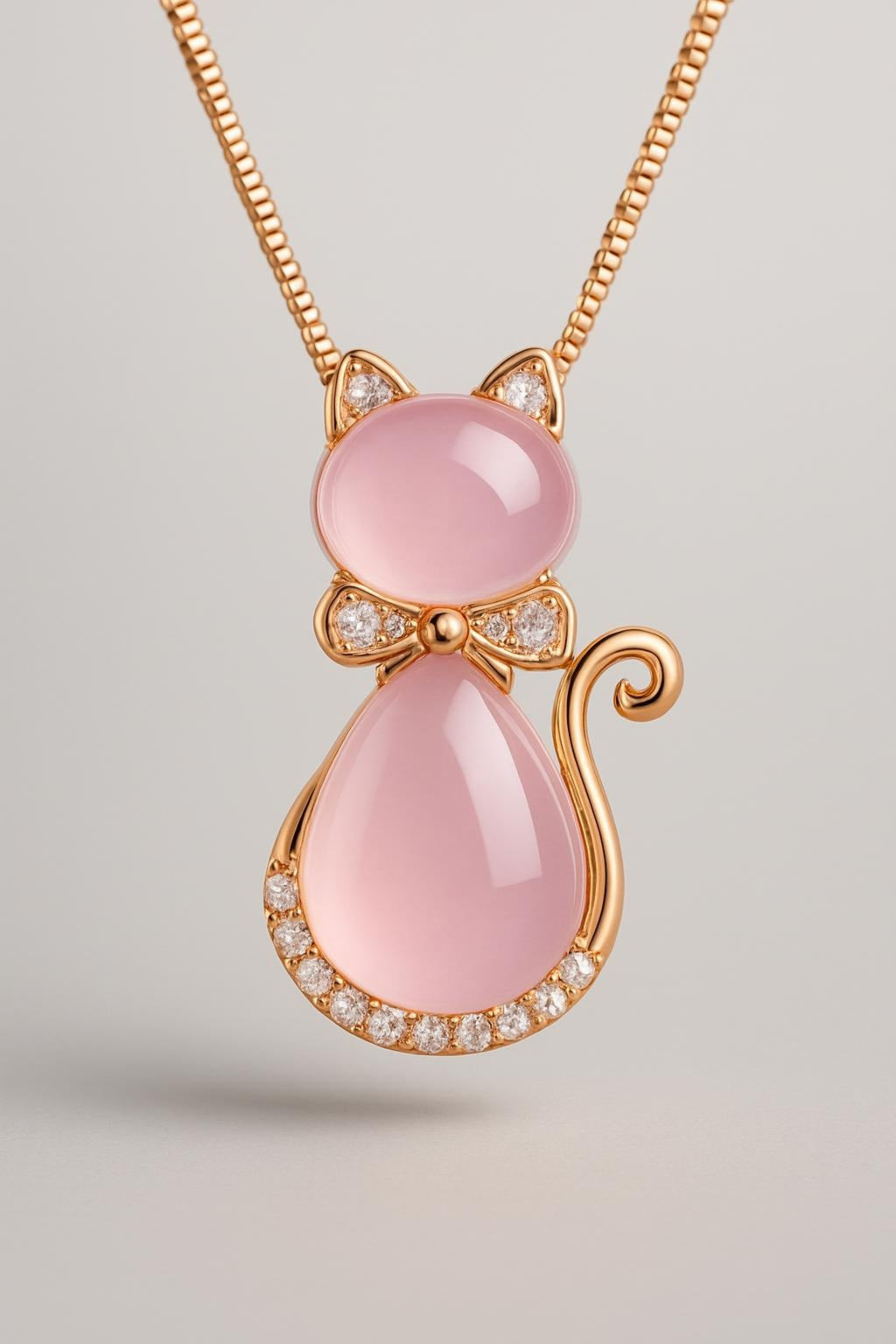 Pink Crystal Cat Pendant Necklace Rose Gold Plated - Cute Jewelry Main View
