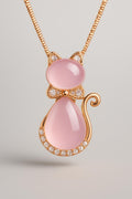 Pink Crystal Cat Pendant Necklace Rose Gold Plated - Cute Jewelry Main View