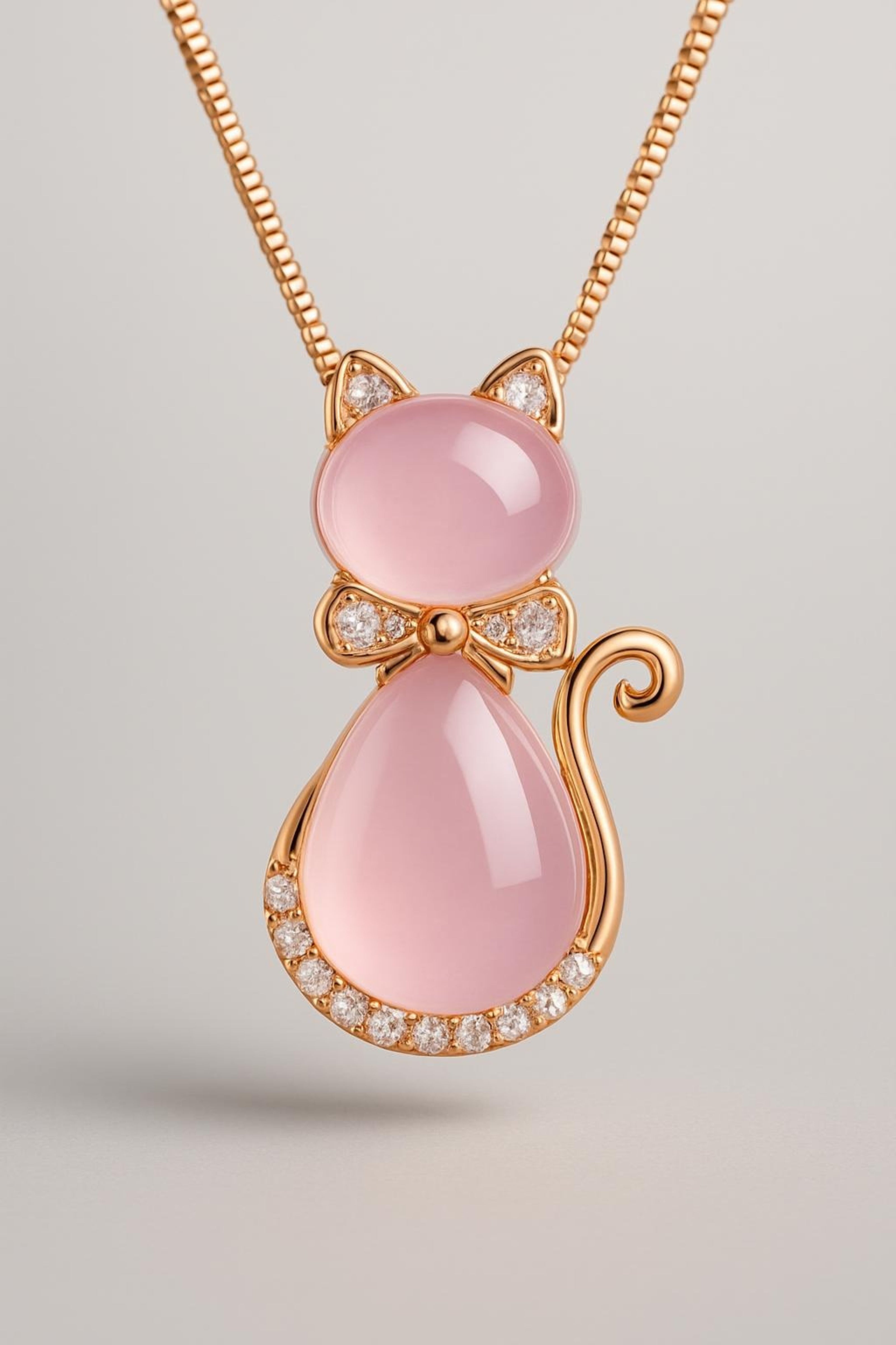 Pink Crystal Cat Pendant Necklace Rose Gold Plated - Cute Jewelry Main View