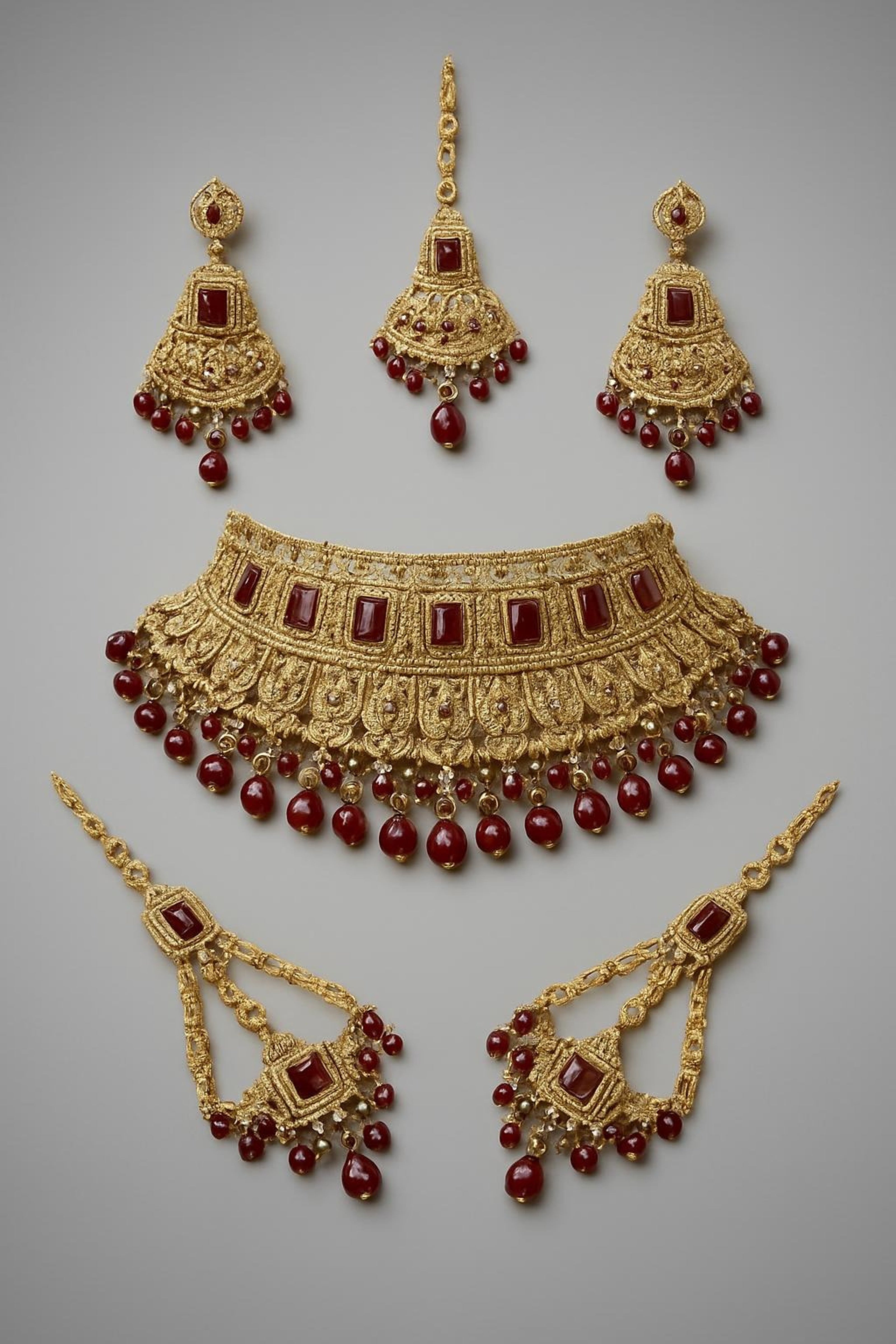 Red Zircon Bridal Set for Women 5 Pcs Gold - Luxury Wedding Jewelry Main View