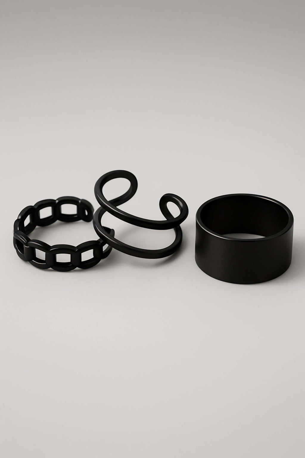 Black Alloy 3-Piece Adjustable Rings Set - Trendy Gothic Style Trio