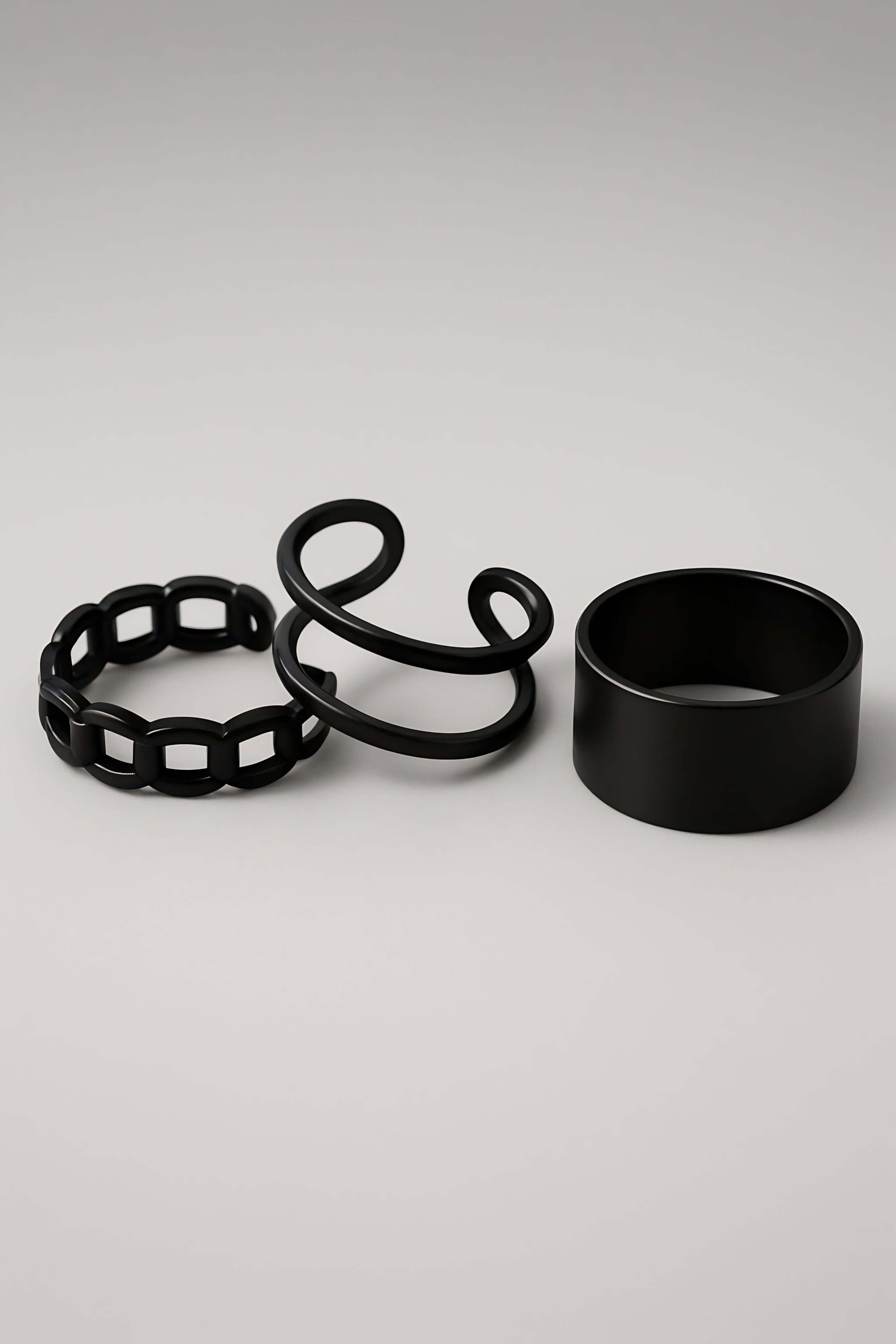 Black Alloy 3-Piece Adjustable Rings Set - Trendy Gothic Style Trio