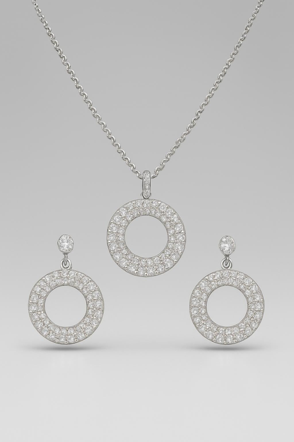 Silver Circle Pendant and Earrings Set with Diamonds – Luxury Jewelry Set Main View