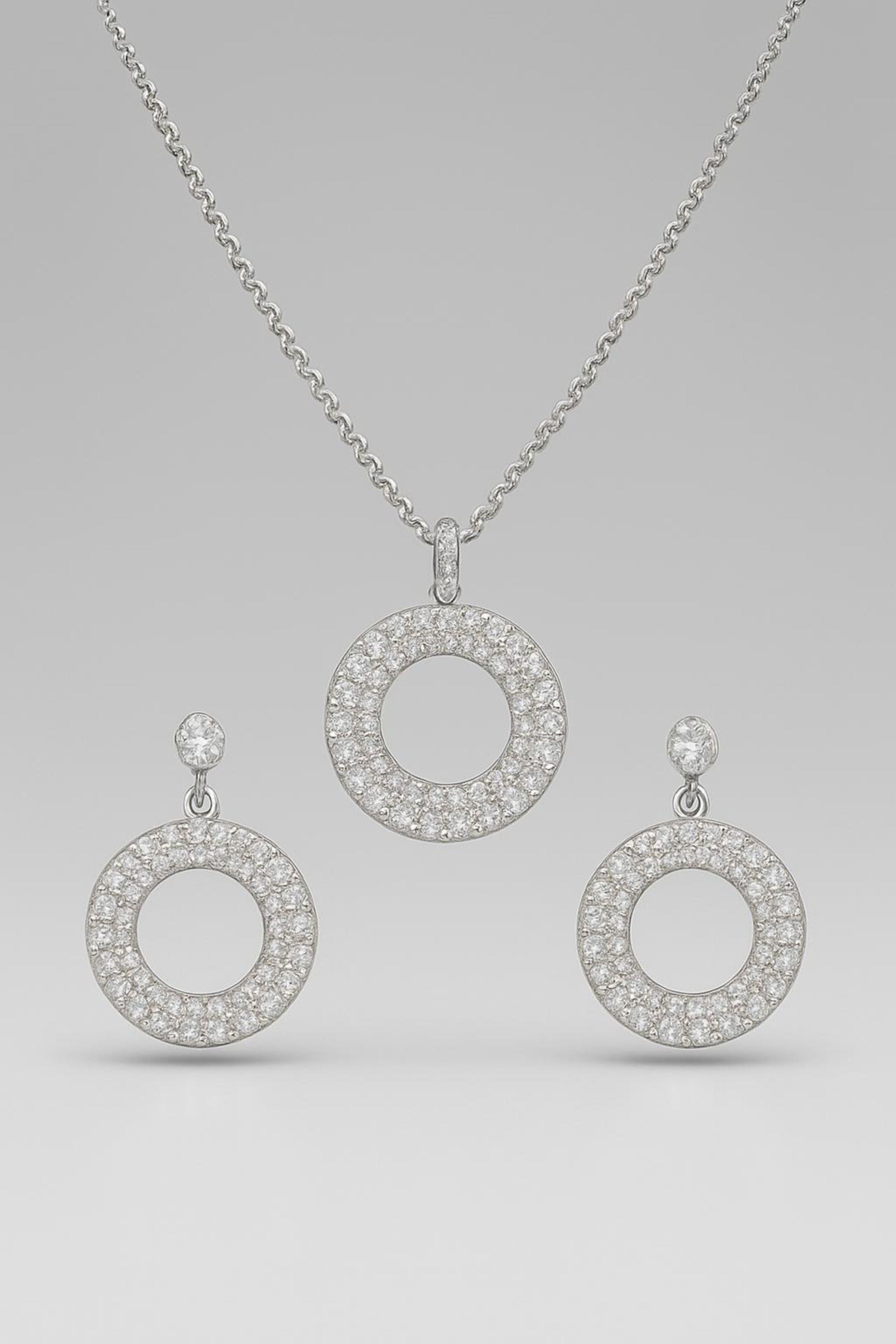 Silver Circle Pendant and Earrings Set with Diamonds – Luxury Jewelry Set Main View