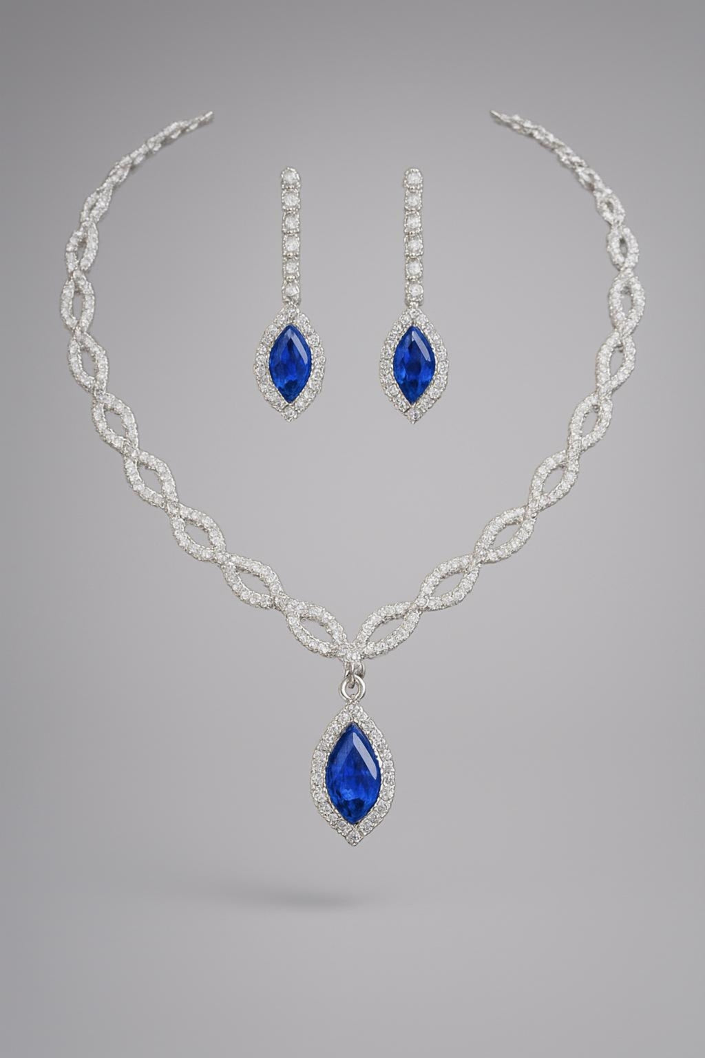 Blue Diamond Necklace and Earrings Set for Pakistani Women – Elegant Set Main View