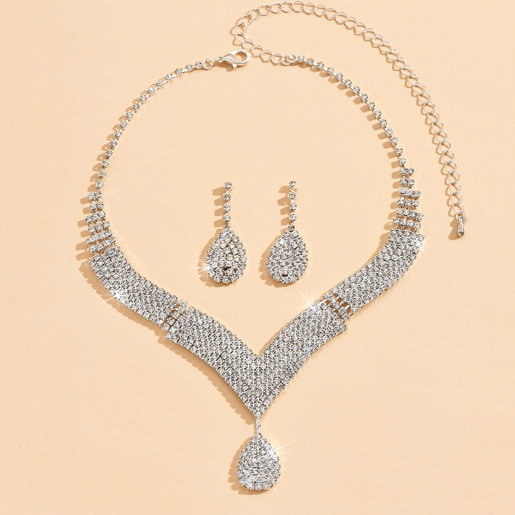 Tarnish Resistant V-Neck Diamond Necklace and Earrings Set for Wedding Bridal Wear