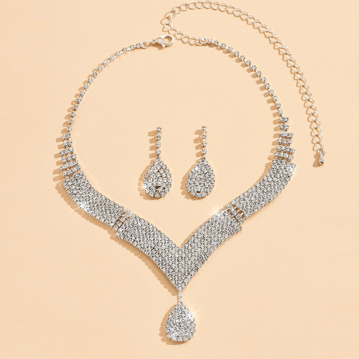Tarnish Resistant V-Neck Diamond Necklace and Earrings Set for Wedding Bridal Wear