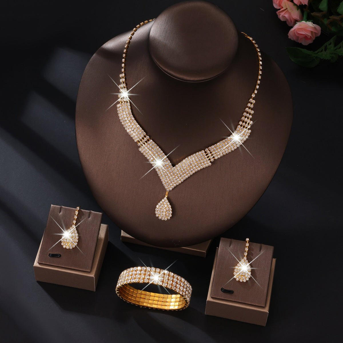 Premium V-Neck Diamond Necklace and Earrings Set - Elegant Geometric Cleavage Line Shimmer