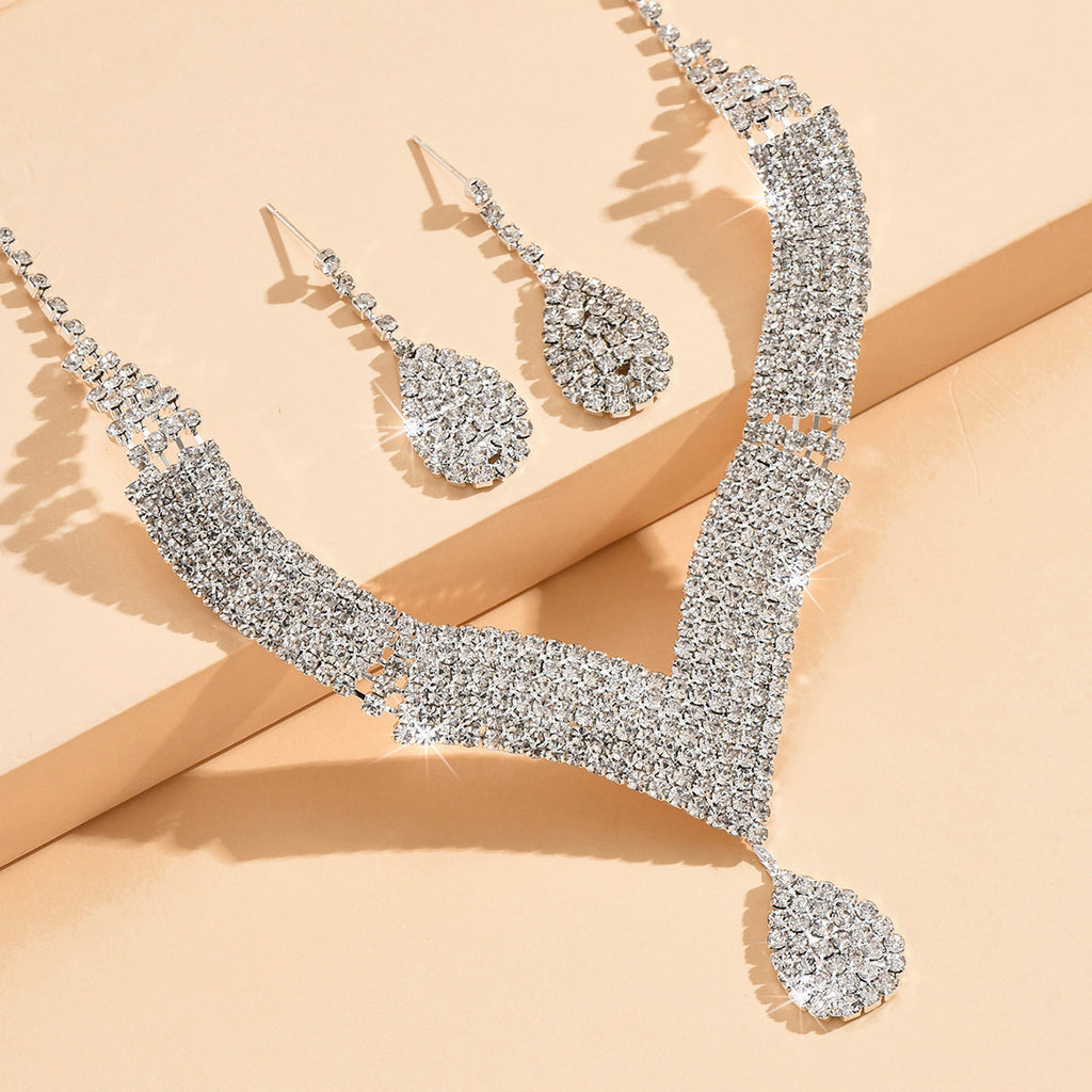 V-Neck Diamond Necklace and Earrings Set - Luxury Royal Theme Statement Accessories for Brides