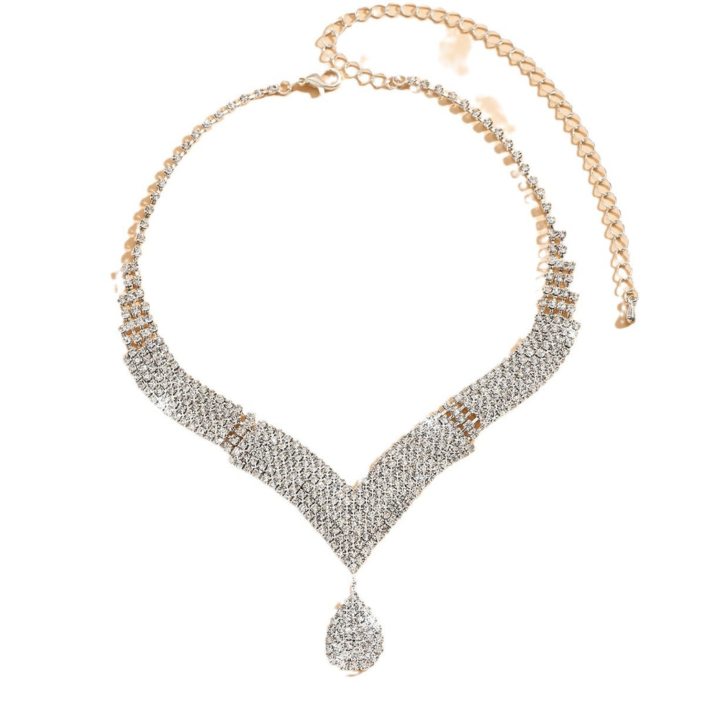 V-Neck Diamond Necklace and Earrings Set - Secure Back Lock Collar Chain Details