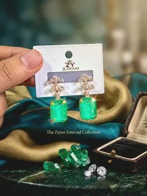 Women Green Crystal Earrings Gold Plated - Signature Velvet Presentation Gift Box