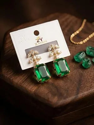 Women Green Crystal Earrings Gold Plated - Anti-Oxidant 18K Real Gold Finish