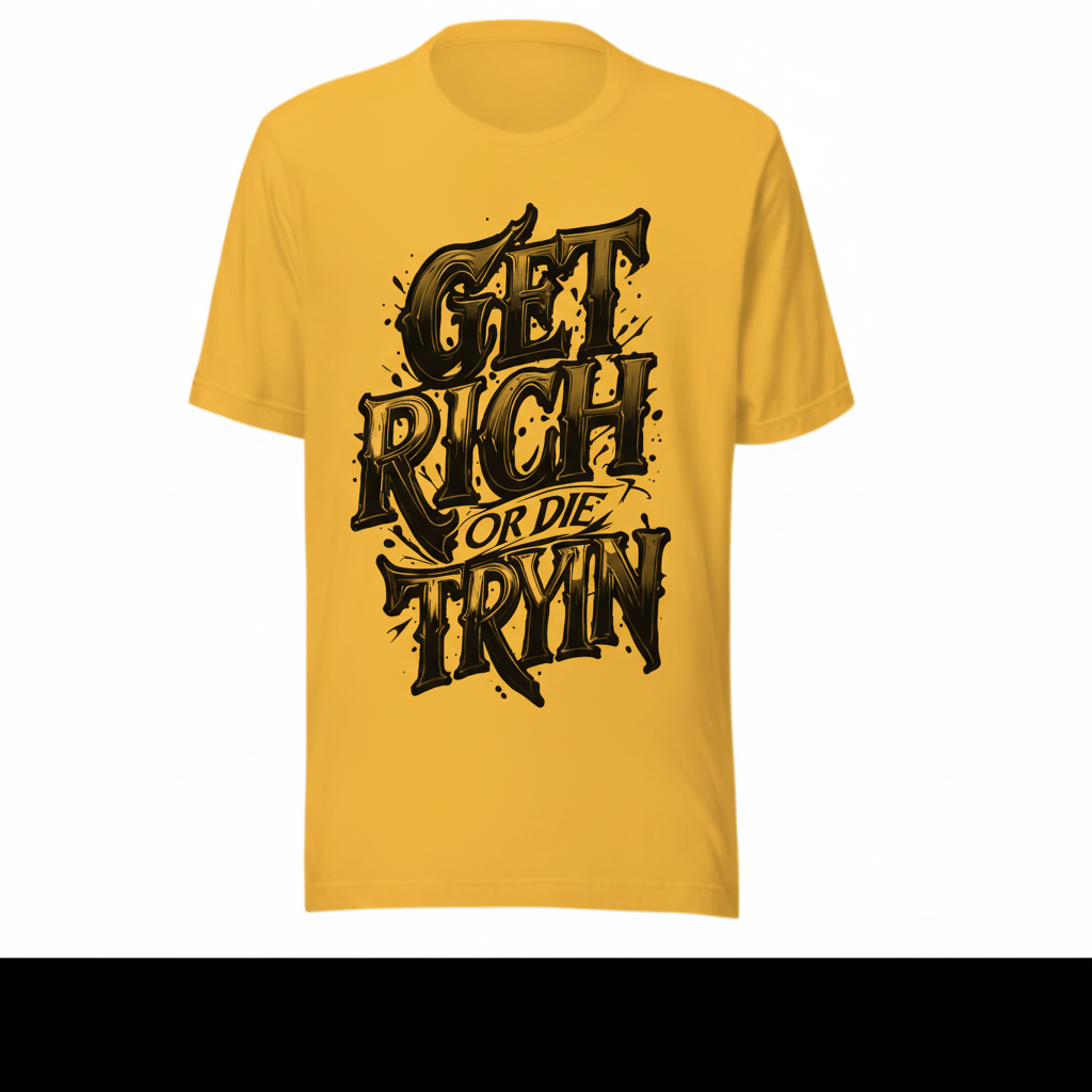 Yellow custom printed t-shirt GET RICH OR DIE TRYIN design vibrant casual style